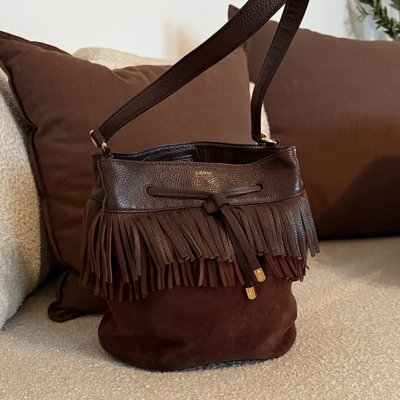 Ralph Lauren - Western Chic Brown Fringe Leather Bucket Bag - Picture 4 of 9